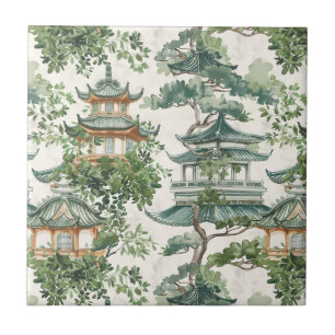 Pagoda Asiática de Aquarela na Paisagem Verdante (