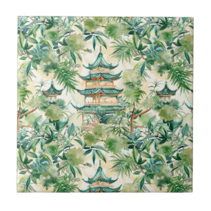 Pagoda Asiática de Aquarela na Paisagem Verdante (