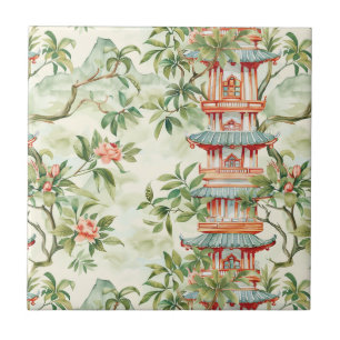 Pagoda Asiática de Aquarela na Paisagem Verdante (