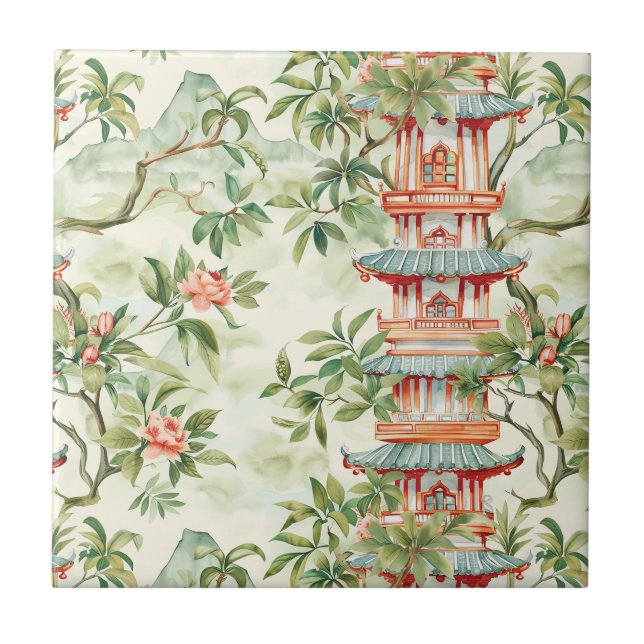 Pagoda Asiática de Aquarela na Paisagem Verdante ( (Frente)