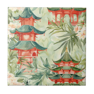 Pagoda Asiática de Aquarela na Paisagem Verdante (