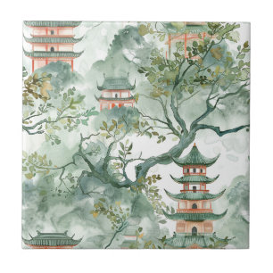 Pagoda Asiática de Aquarela na Paisagem Verdante (