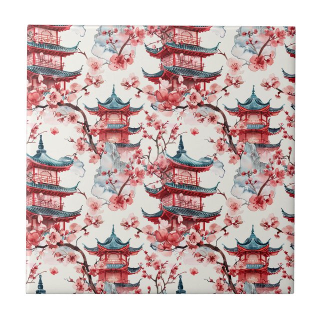 Pagoda Chinesa Aquarela com Blossomas de Cereja (8 (Frente)