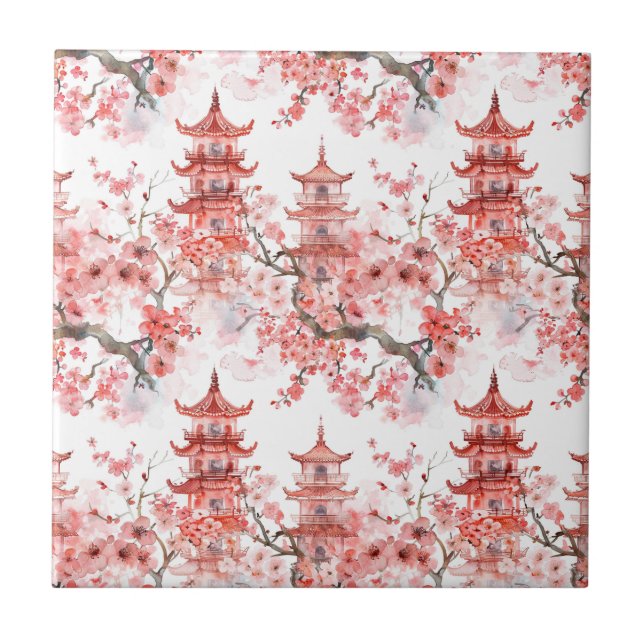 Pagoda Chinesa Aquarela com Flores de Cereja (3) (Frente)