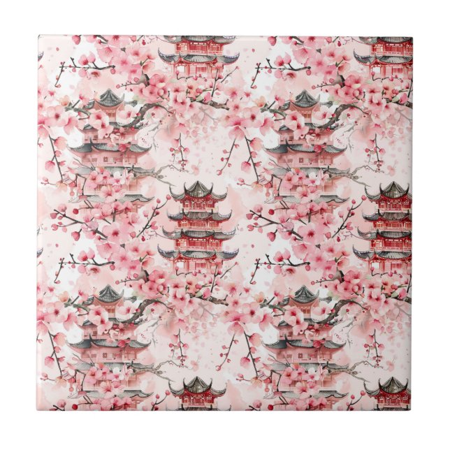 Pagoda Chinesa Aquarela com Flores de Cereja (7) (Frente)