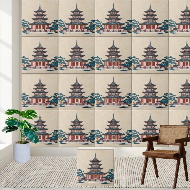 Pagoda Chinoiserie Azul e Vermelha - Inspirada na  (Blue and Red Chinoiserie Pagoda – Asian-Inspired Ceramic Tile)