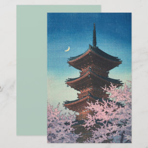 Pagode de uma Primavera Japonesa Antiga em Xilogra