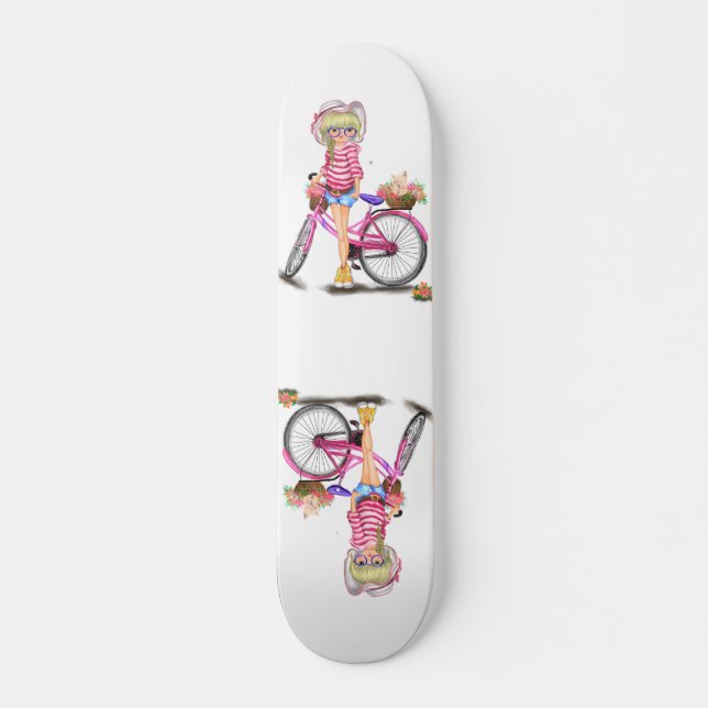 Painel de Skate da Menina Loura com Bicicleta Rosa (Frente)