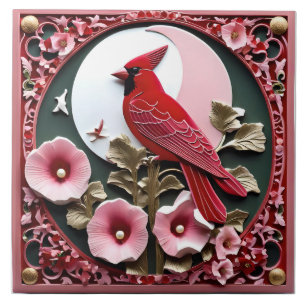 Painel Esculpido Oriental: Cardeal e Hollyhocks