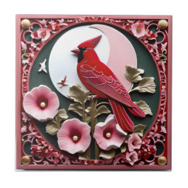 Painel Esculpido Oriental: Cardeal e Hollyhocks