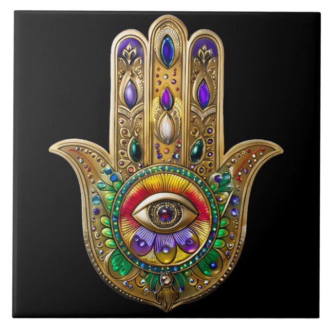Painted Gold Hamsa Amethyst Ruby Third Eye (Frente)