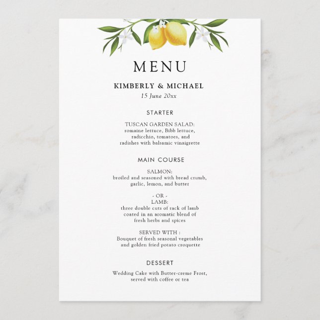 Painted lemons greenery foliage wedding menu (Frente)