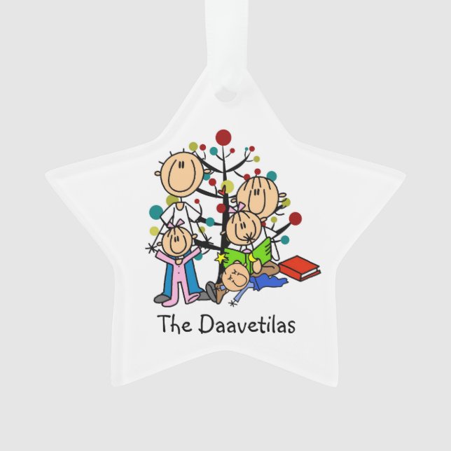 Pais de Figura de Pau, 3 Crianças Ornamento Acríli (Frente)