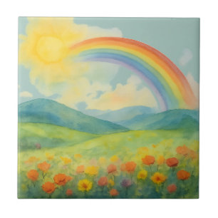 Paisagem de Arco-Íris em Aquarela com Sol e Flores