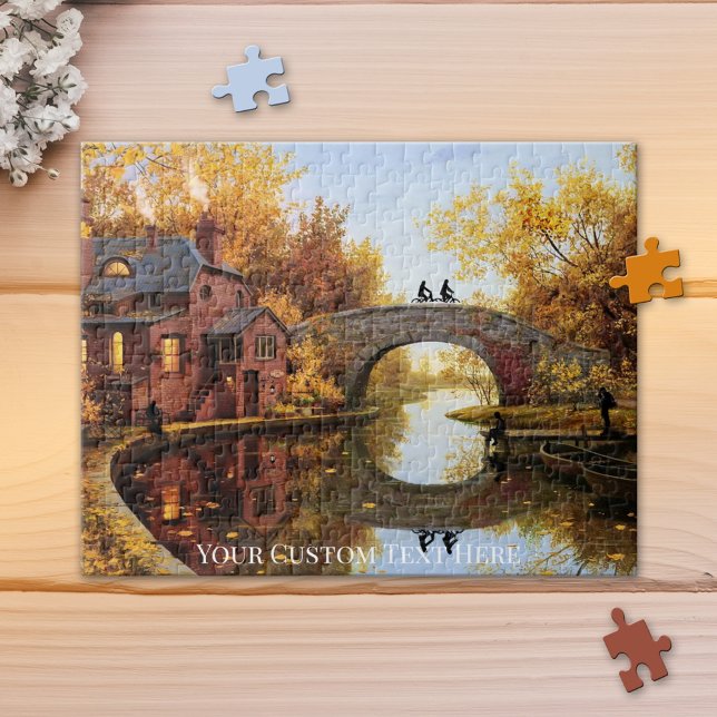 Paisagem de outono com Quebra-cabeça de rio (Puzzle featuring a colorful autumn landscape with bridge over a river.)
