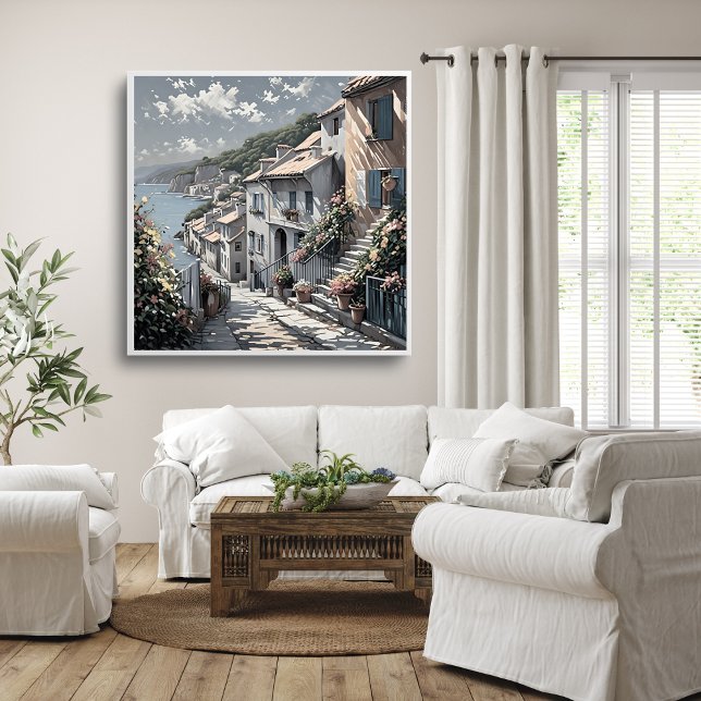 Paisagem de Verão da Vila Francesa na Poster do Ma (French Village Summer Landscape by the Sea Poster Mockup 1)