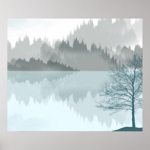 Paisagem Reflexão de Lago Árvores Poster Verde