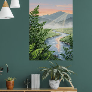 Paisagem Serena do Vale do Rio Arte Poster Pôr d