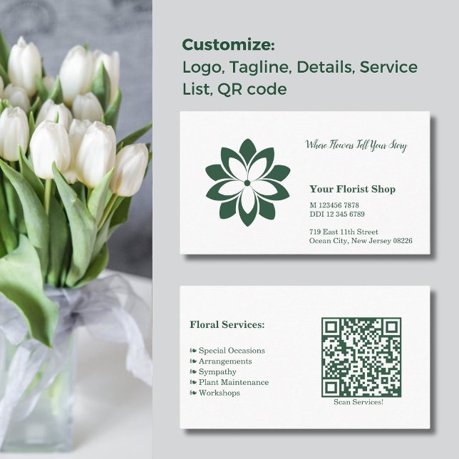Paisagem White e Verde Compro Florista Cartão de v (Landscape White & Green Florist Shop Business Card, Custom Logo, Tagline, Details, Service, QR code)