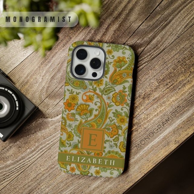 Paisley Amarelo Laranja Verde de Cinza Personalizá (Customizable Grey Green Orange Yellow Paisley iPhone Case)