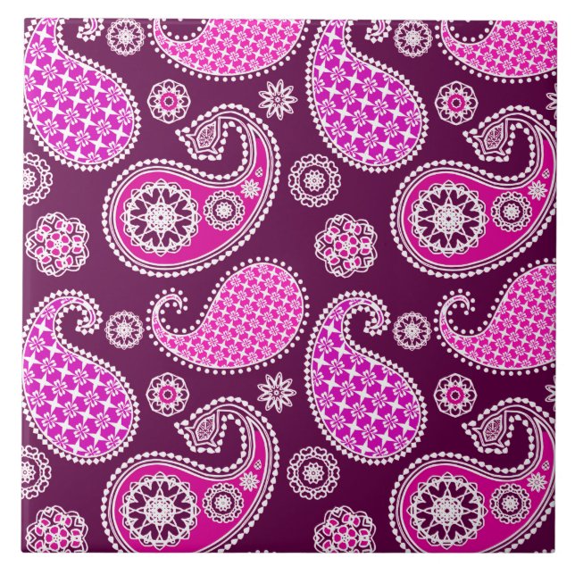 Paisley, cor-de-rosa fucsia, roxo e branco (Frente)