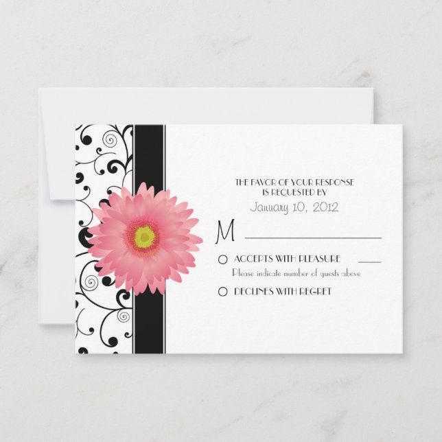 Pale Gerbera Daisy Black Scroll Design RSVP (Frente)