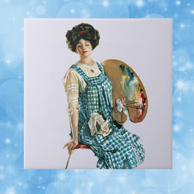 Paleta Dama Painter, Artista Vitoriana Vintage (Victorian lady artist in plaid smock with paint pallette on pale blue decorative ceramic tile.)