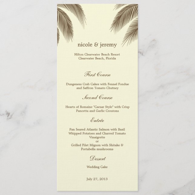 Palm Beach Wedding Menu Card - Brown (Frente)
