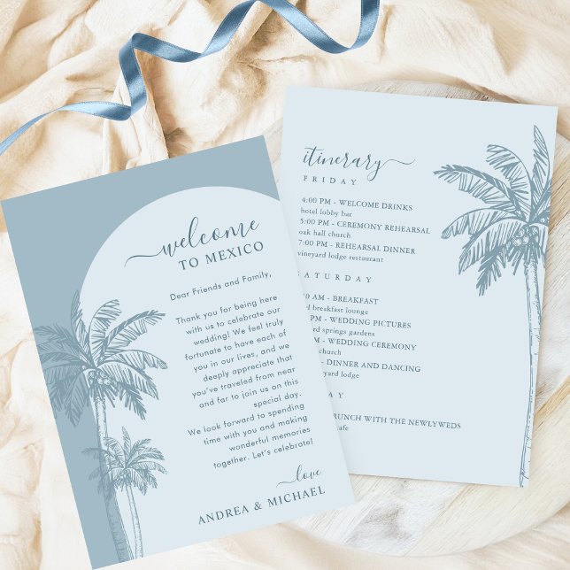 Palm Tree Beach Dusty Blue Weding Cartão Itinerári (Criador carregado)