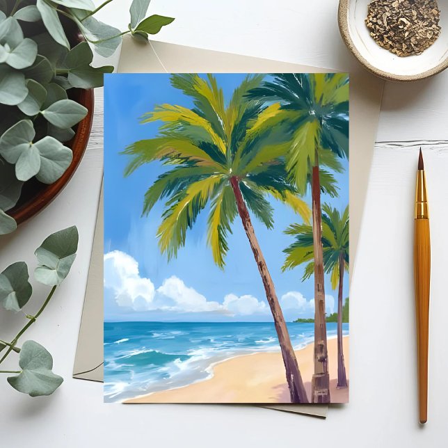 Palm Tree Beach | Tropical Watercolor Blue Card (Criador carregado)