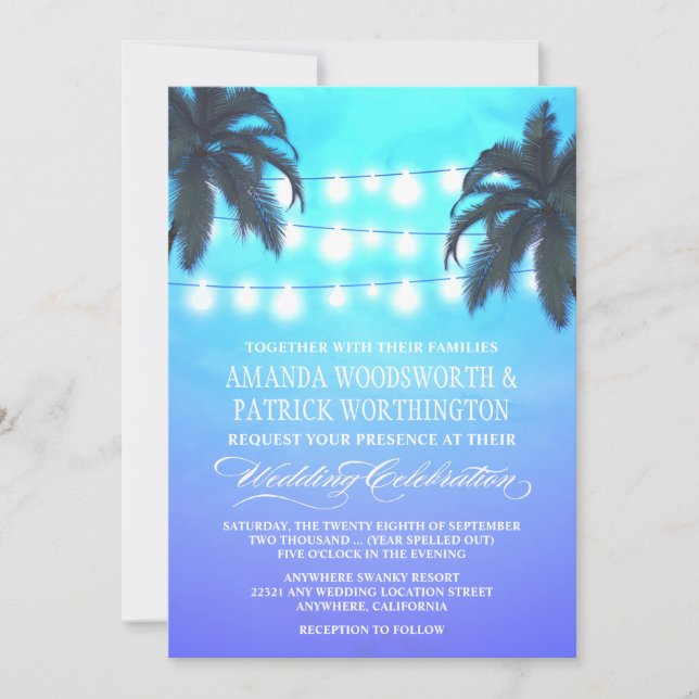Palm Tree Lights Watercolor Convites para Casament (Frente)