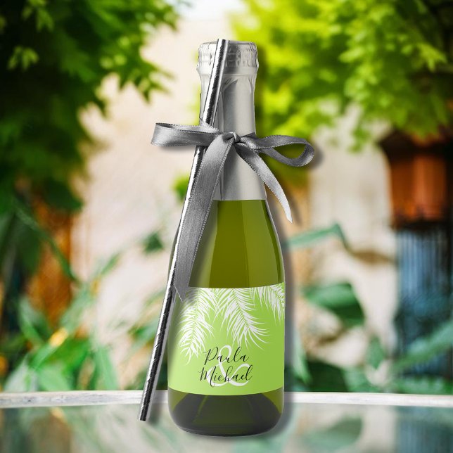 Palm Tree on Verde limão Mini (White palm tree fronds on lime mini sparkling wine label personalized for your wedding)