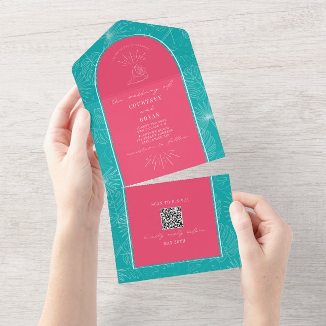 Palm Tree Pink Blue Beach Casamento QR Code RSVP (Tearaway)