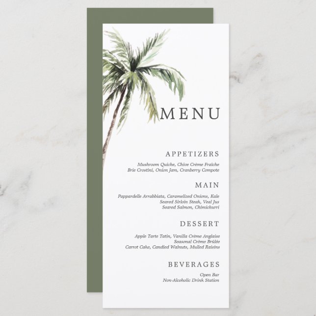 Palm Tree Tropical | Menu Casamento Mínimo Serif (Frente/Verso)