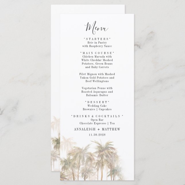 Palm Trees Watercolor Menu Casamento Costeiro (Frente/Verso)