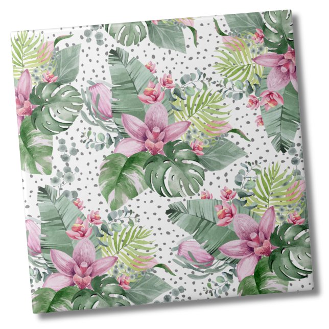 Palma Floral Aquarela Padrão Tropical Botânica (Cute Trendy Dot Floral Watercolor Tropical Pattern Ceramic Tile)