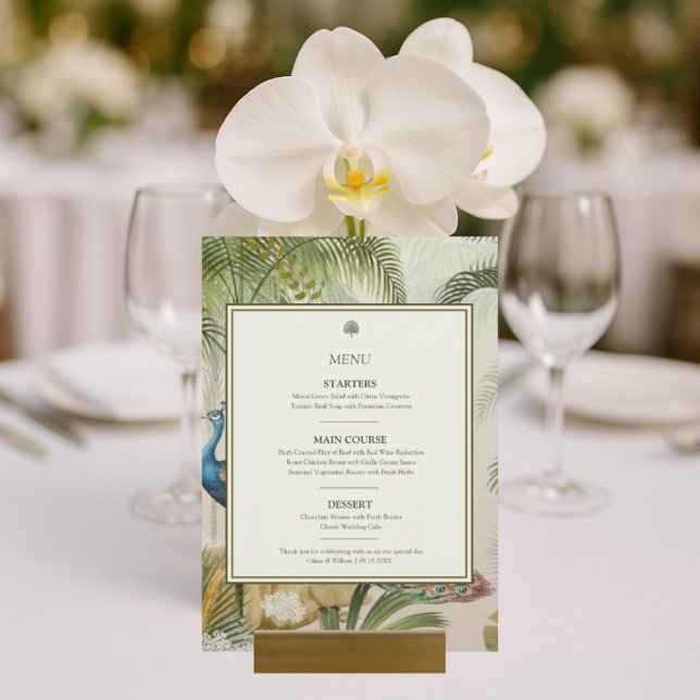 Palma Tropical 5x7 Cartão de Menu de Casamento (Tropical Peacock Palm 5x7 Wedding Menu Card styled with orchids & glassware for resort wedding. )