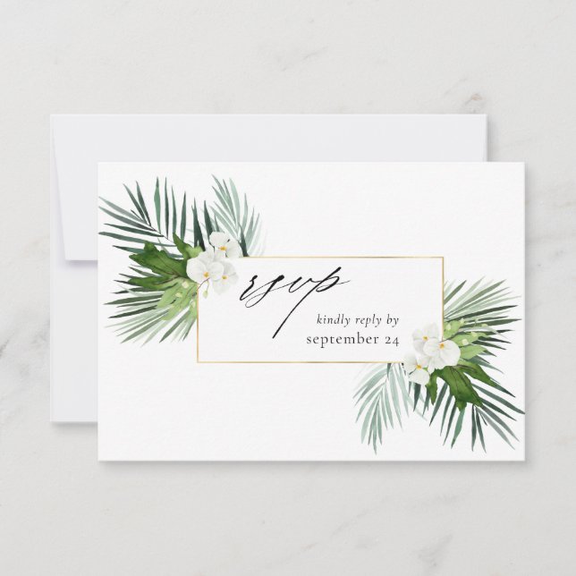 Palma Tropical e Floral Branco com RSVP de Refeiçã (Frente)