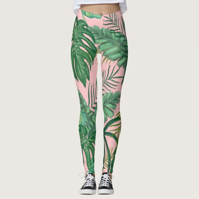 Palma Tropical Trendy deixa leggings rosa padrão (Frente)