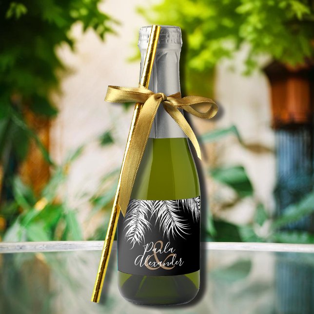Palmas brancas tropicais no fundo preto Mini (White palm tree fronds on black  mini sparkling wine labels personalized for your wedding)