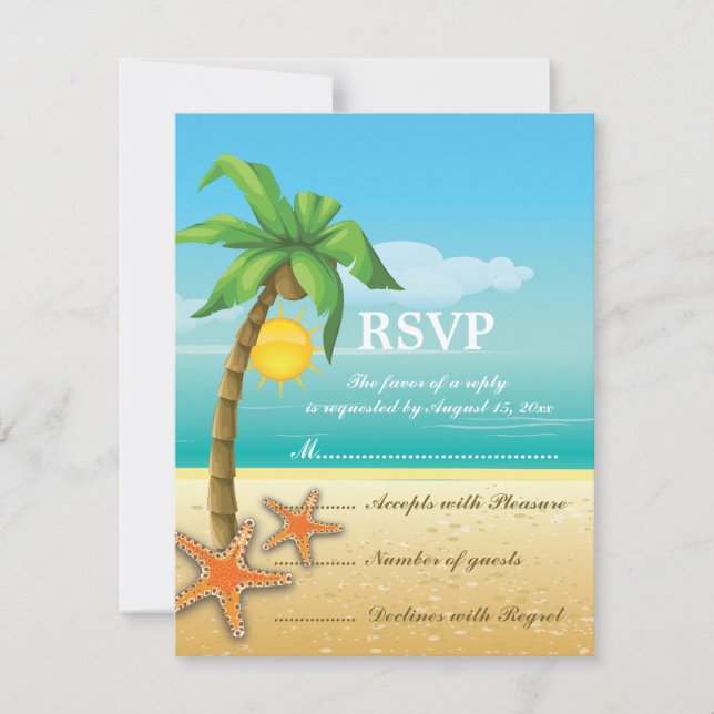 Palmeira e cartão RSVP de casamento da praia de es (Frente)