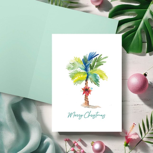 Palmeiras Tropicais Bonitas Cartão de Natal de Aqu (Merry Christmas wishes watercolor tropical palm tree art by Victoria Grigaliunas Do Tell A Belle)