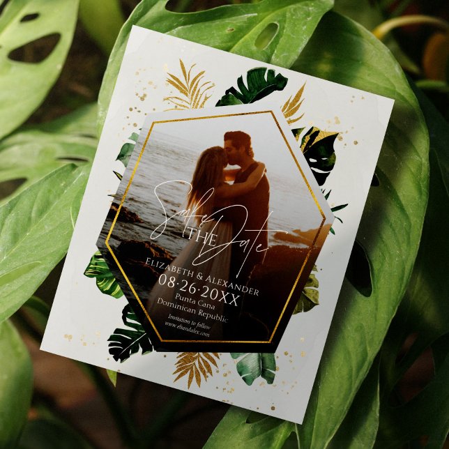 Palmeiras Tropicais Foto Dourada Salvar a Data (Criador carregado)