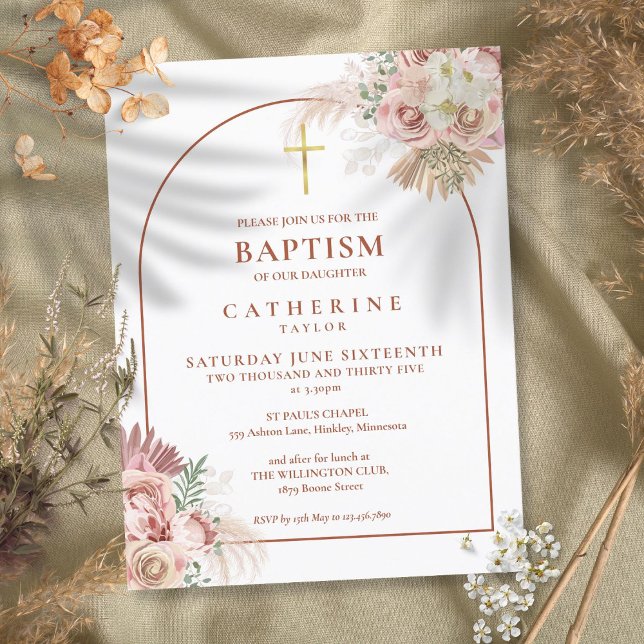 Pampas Grass Arch Baptism Christening Convite (Pampas Grass Arch Baptism Christening Invitation)