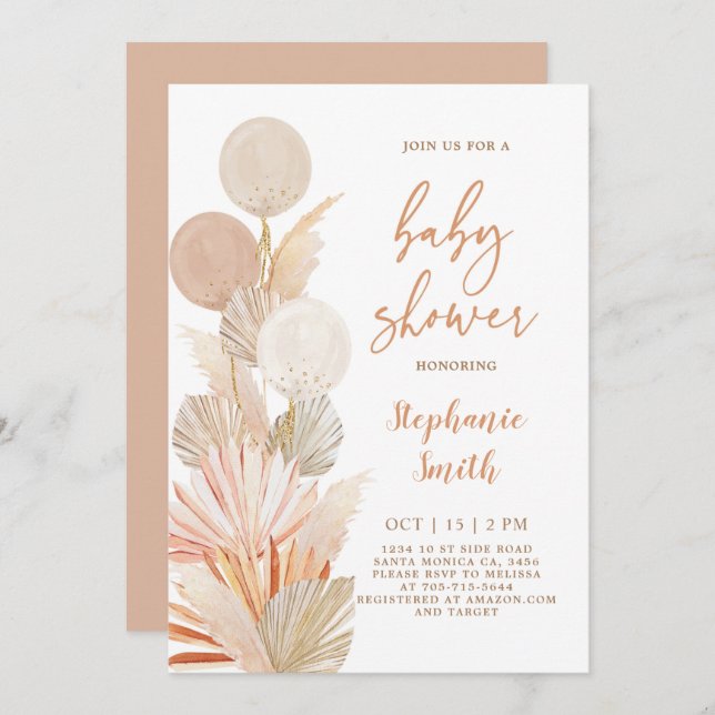  Pampas Grass e Balões - Chá de fraldas Convite (Frente/Verso)