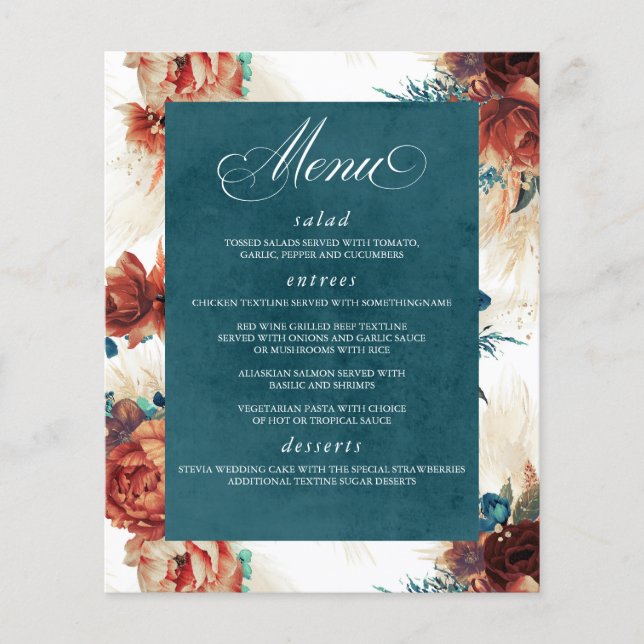Pampas Grass Floral Terracotta Teal Blue Menu (Frente)