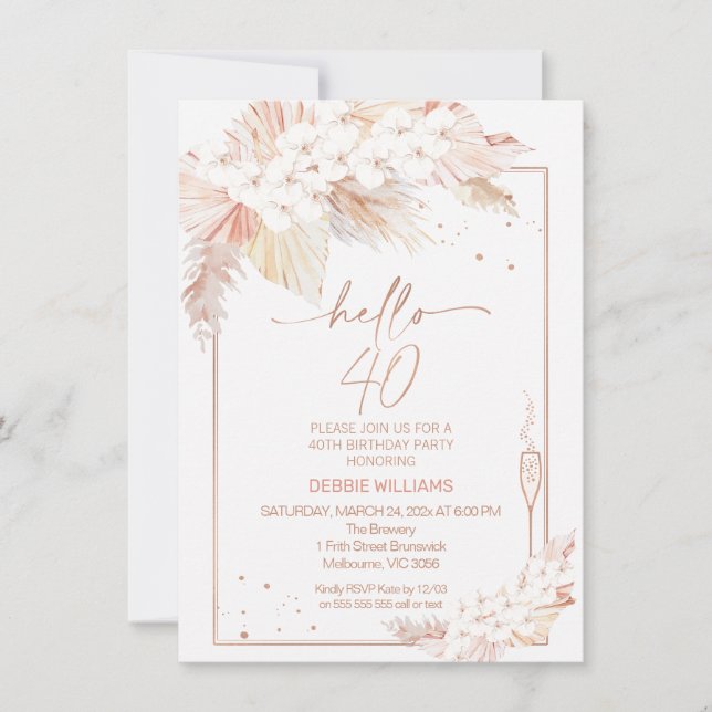 Pampas Grass Glass Hello 40 Convite Aniversário (Frente)