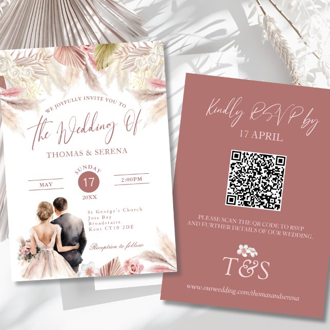 Pampas Grass QR Code RSVP Wedding Boho Convite (Criador carregado)