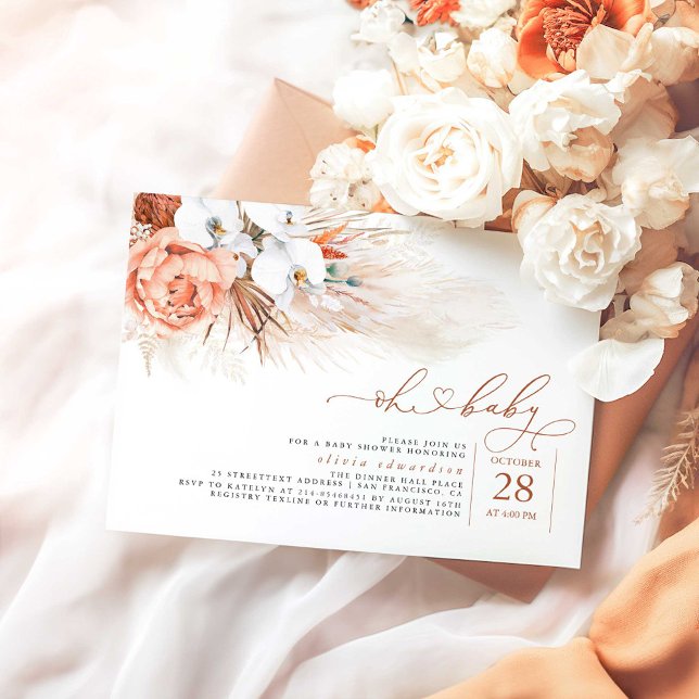 Pampas Grass Terracotta Oh Chá de fraldas Convite (Oh Baby Terracotta Boho Floral Baby Shower Invitations)