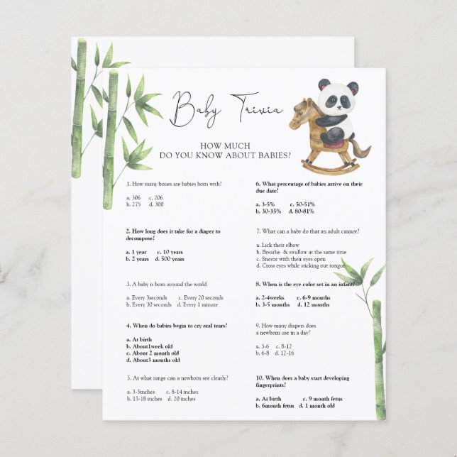 Panda Bear Baby Trivia | Jogo do chá de fraldas (Frente/Verso)